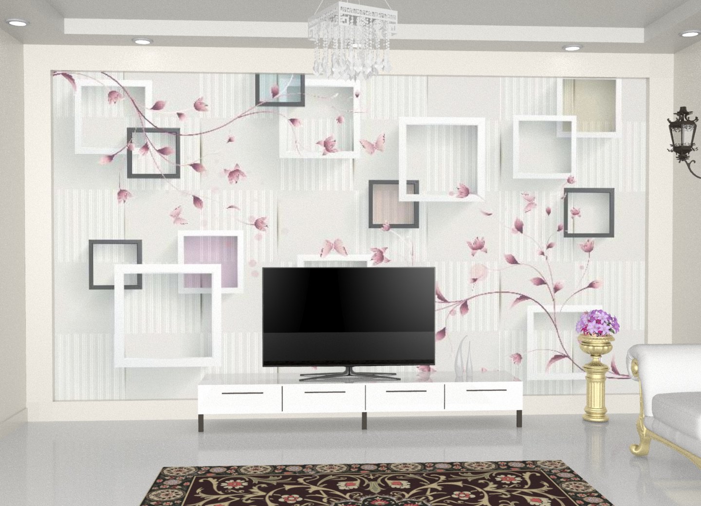 Premium Photo  Tv room with modern wooden tv unit design concept with  wallpaper 3d rendering