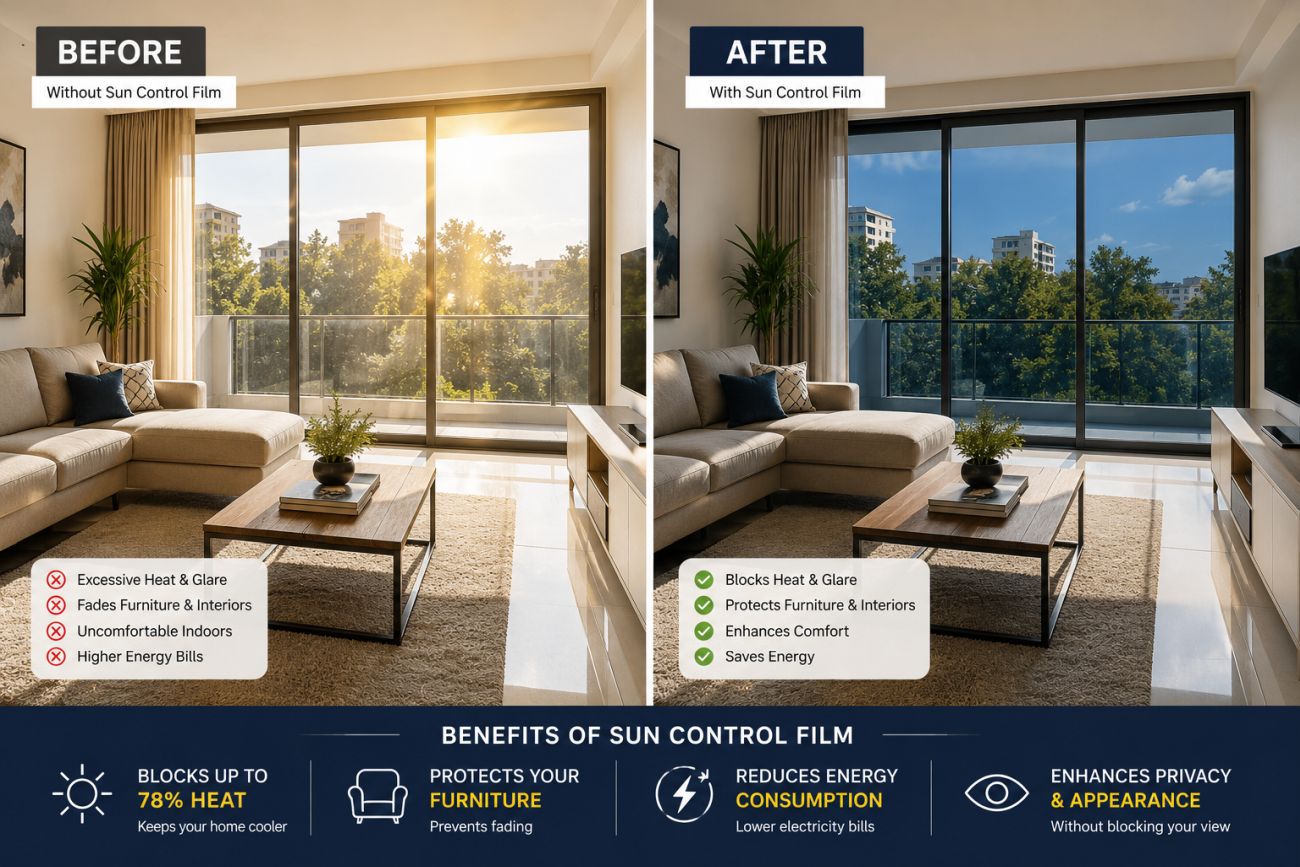 before and after sun control film installation for living room in chennai