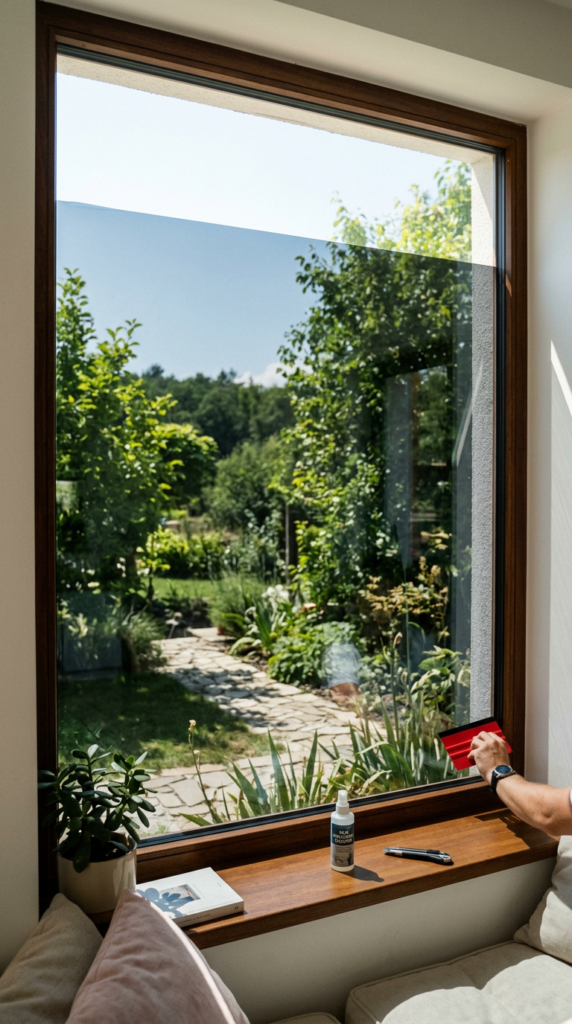 Hand applying dark window film on large window showing green garden outside